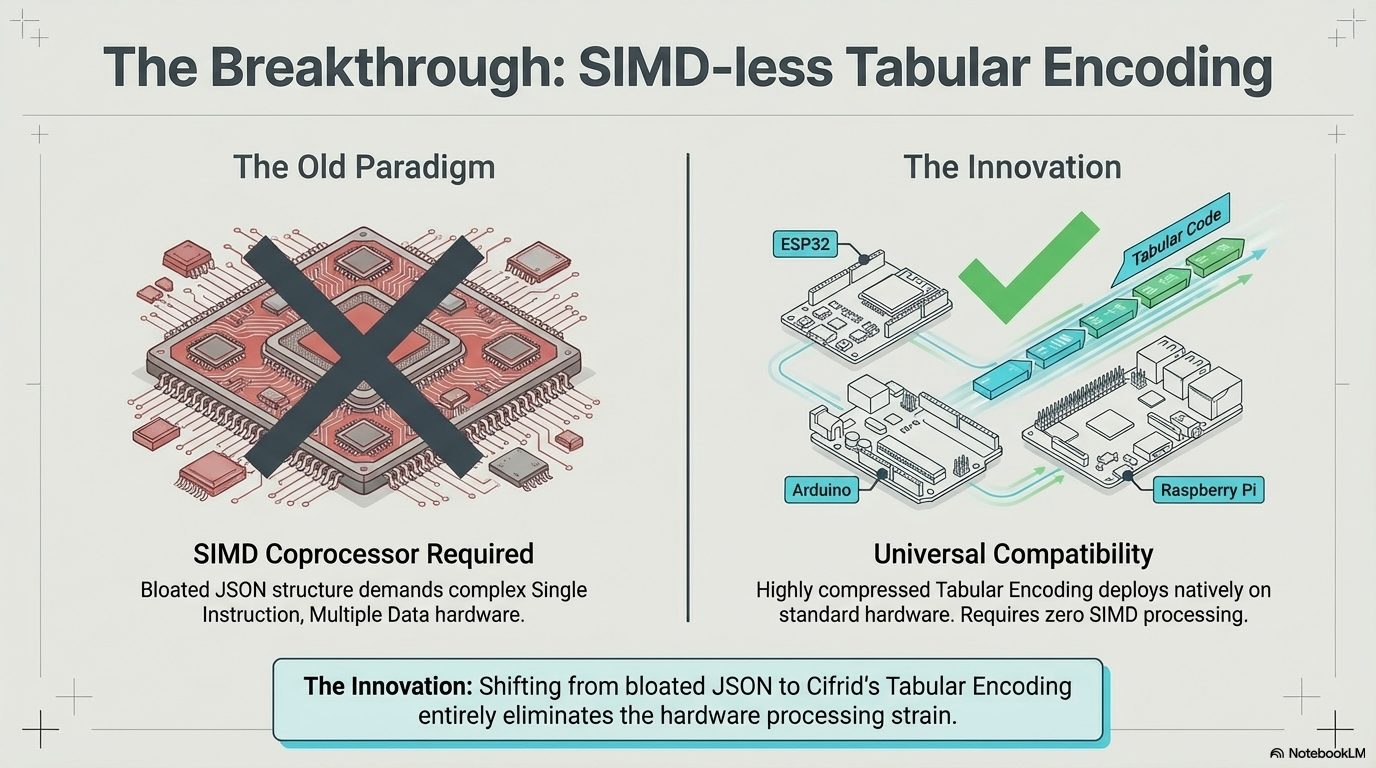 Comparativa: paradigma antiguo con SIMD vs codificación tabular universal compatible con ESP32, Arduino y RPi