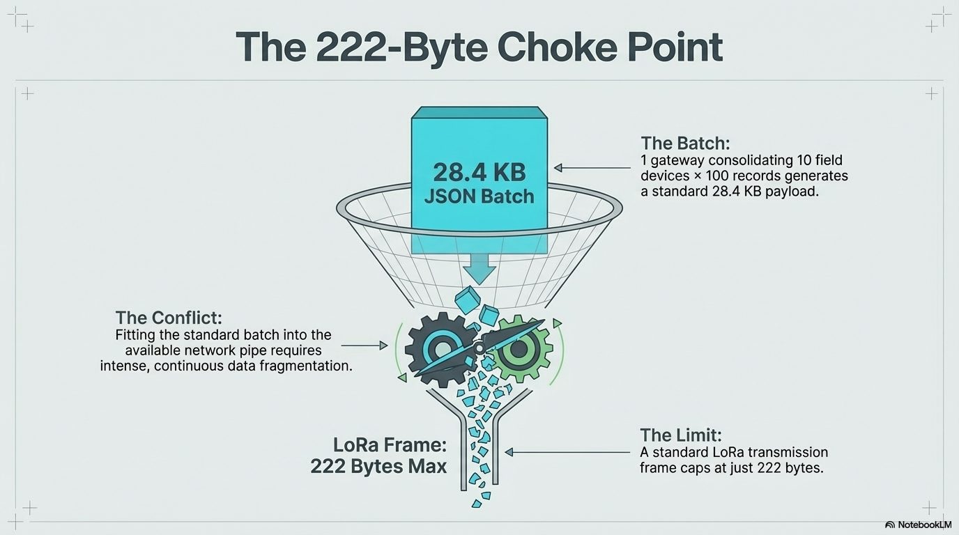 El cuello de botella de 222 bytes en LoRa: batch JSON de 28.4 KB requiere fragmentación extensiva
