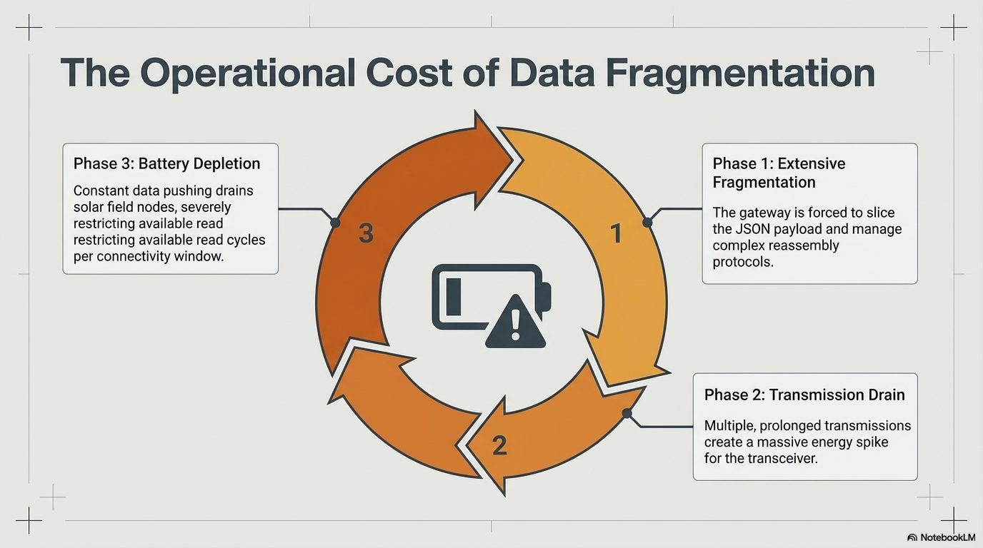 Costo operacional de la fragmentación: depleción de batería, drenaje de transmisión, fragmentación extensiva